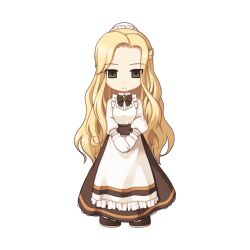 Rule 34 | 1girl, apron, blonde hair, bow, bowtie, brown bow, brown bowtie, brown footwear, brown skirt, bun cover, chibi, chibi only, closed mouth, ellisia (ragnarok online), empty eyes, expressionless, frilled sleeves, frills, full body, gloves, green brooch, green eyes, hair bun, half up braid, long hair, long skirt, long sleeves, looking at viewer, official art, parted bangs, ragnarok online, shirt, shoes, simple background, single hair bun, skirt, solo, standing, transparent background, very long hair, waist apron, wavy hair, white apron, white gloves, white shirt, yuichirou