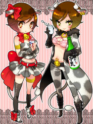 Rule 34 | 2girls, aged down, animal ears, asymmetrical clothes, bell, belt, boots, bottle, breasts, brown eyes, brown hair, cleavage, coat, cow ears, cow girl, dual persona, earrings, ebira (piapro), ebira (ruvie), gloves, hair ribbon, jewelry, meiko (vocaloid), midriff, milk, multiple girls, pants, ribbon, sakine meiko, short hair, single thighhigh, skirt, smile, tail, thighhighs, time paradox, vocaloid