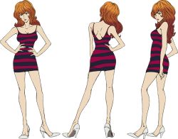 Rule 34 | 1girl, ass, bare legs, bare shoulders, breasts, character sheet, dress, full body, gradient hair, hands on own hips, large breasts, long hair, lupin iii, mine fujiko, multicolored hair, multiple views, no bra, official art, standing
