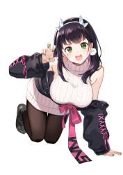 Rule 34 | :d, armpit crease, bare shoulders, black footwear, black hair, black pantyhose, bow, bow hairband, breasts, claw pose, collared shirt, detached sleeves, earrings, green eyes, green nails, hairband, hand on floor, jewelry, kneeling, large breasts, long hair, looking at viewer, mole, mole on cheek, mole under eye, nail polish, nishizaa-san, nishizawa, open mouth, original, pantyhose, pink bow, pink ribbon, ribbon, ribbon-trimmed sleeves, ribbon trim, shirt, sidelocks, simple background, sleeves past wrists, smile, sweater, teeth, turtleneck, turtleneck sweater, upper teeth only, virtual youtuber, white background, white bow, white hairband, white sweater