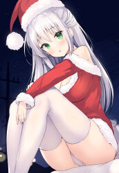 Rule 34 | 1girl, :o, absurdres, bare shoulders, breasts, christmas, cleavage, commentary, feet out of frame, fur trim, green eyes, hat, head tilt, highres, large breasts, legs together, long hair, long sleeves, looking at viewer, no nose, ochinsama, off shoulder, open mouth, original, panties, santa hat, sitting, solo, thighhighs, underwear, white panties, white thighhighs