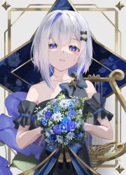 Rule 34 | 1girl, absurdres, amane kanata, black dress, blue eyes, blue flower, blue hair, bouquet, closed mouth, collarbone, colored inner hair, commentary request, dress, flower, highres, holding, holding bouquet, hololive, looking at viewer, multicolored hair, pink hair, rasa k, short hair, short sleeves, silver hair, solo, streaked hair, upper body, virtual youtuber, white flower