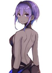 Rule 34 | 1girl, back, back focus, backless outfit, dark-skinned female, dark skin, fate/prototype, fate/prototype: fragments of blue and silver, fate (series), from behind, hassan of serenity (fate), highres, looking at viewer, looking back, plan (planhaplalan), purple eyes, purple hair, smile, solo, underwear, upper body, white background