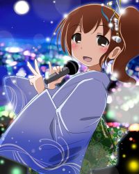 Rule 34 | 1girl, brown hair, earth ekami, from side, full moon, highres, japanese clothes, kimono, microphone, moon, music, night, open mouth, side ponytail, singing, solo, star (sky), v