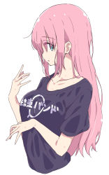Rule 34 | 1girl, black shirt, blue eyes, bocchi the rock!, breasts, clothes writing, collarbone, cropped torso, gotoh hitori, hair between eyes, highres, large breasts, long hair, looking at viewer, mel (melty pot), open mouth, pink hair, shirt, short sleeves, simple background, skirt, solo, t-shirt, upper body, white background