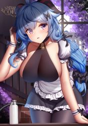 Rule 34 | 1girl, alternate costume, bare shoulders, blue hair, blush, breasts, dress, ganyu (genshin impact), genshin impact, highres, horns, large breasts, long hair, looking at viewer, open mouth, purple eyes, solo, thighs, wsman