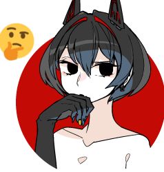 Rule 34 | 1girl, animal ears, black eyes, black hair, blue nails, cat ears, colored skin, completely nude, earrings, emoji, fingernails, hair between eyes, hand up, idkuroi, jewelry, kokubunji suou, looking at viewer, mechanical ears, mole, mole under mouth, multicolored nails, nail polish, nude, original, red background, short hair, solo, thinking, white skin, yellow nails
