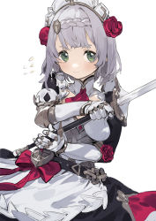 Rule 34 | 1girl, absurdres, apron, armor, armored dress, belt, blush, boobplate, braid, breastplate, breasts, claymore (sword), combat maid, dress, fantasy, flower, gauntlets, genshin impact, greatsword, green eyes, hair flower, hair ornament, headdress, highres, huge weapon, looking at viewer, maid, maid apron, maid headdress, medium breasts, noelle (genshin impact), rose, sh (shinh), short hair, shoulder armor, shoulder pads, silver hair, simple background, solo, sweatdrop, sword, weapon, white background, white headwear