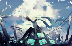 Rule 34 | 1girl, absurdly long hair, absurdres, aqua hair, aqua necktie, arm tattoo, arm up, black footwear, black skirt, black sleeves, blue eyes, boots, bug, butterfly, cloud, day, detached sleeves, floating hair, from side, grey shirt, hair between eyes, hair ornament, hatsune miku, headphones, highres, insect, kanvien, long hair, long sleeves, miniskirt, necktie, number tattoo, outdoors, outstretched arm, pleated skirt, profile, shirt, sitting, skirt, sleeveless, sleeveless shirt, solo, tattoo, thigh boots, thighhighs, twintails, very long hair, vocaloid, zettai ryouiki