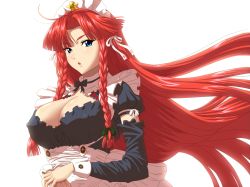 Rule 34 | 1girl, ahoge, alternate costume, backlighting, blue eyes, braid, breasts, cleavage, covered erect nipples, detached sleeves, enmaided, female focus, hair ribbon, highres, hong meiling, kezune (i- -i), large breasts, long hair, maid, maid headdress, open mouth, own hands together, red hair, ribbon, simple background, solo, touhou, twin braids, very long hair, white background
