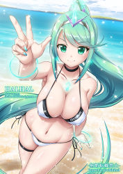 Rule 34 | 1girl, aqua hair, aqua nails, artist name, beach, bikini, black choker, bracelet, breasts, chest jewel, choker, cleavage, closed mouth, collarbone, dutch angle, green eyes, hair between eyes, halhal, hand up, highres, jewelry, large breasts, long hair, looking at viewer, nail polish, name tag, navel, nintendo, ocean, outdoors, pixiv id, pneuma (xenoblade), ponytail, sky, smile, solo, swept bangs, swimsuit, twitter username, white bikini, xenoblade chronicles (series), xenoblade chronicles 2