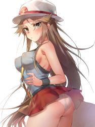 Rule 34 | 1girl, ass, bare shoulders, blush, breasts, brown hair, covered erect nipples, creatures (company), game freak, green eyes, hat, highres, leaf (pokemon), long hair, looking at viewer, medium breasts, miniskirt, naso4, nintendo, panties, perky breasts, pokemon, pokemon frlg, red skirt, shirt, sideboob, simple background, skirt, sleeveless, sleeveless shirt, solo, underwear, white background, white panties, wristband