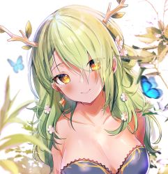 Rule 34 | 1girl, absurdres, antlers, blush, braid, braided bangs, branch, breasts, ceres fauna, cleavage, collarbone, eyes visible through hair, green eyes, green hair, highres, hololive, hololive english, horns, large breasts, long hair, maru ccy, mole, mole under eye, plant, single braid, smile, solo, virtual youtuber, yellow eyes