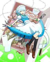 Rule 34 | 1girl, :d, ^ ^, apron, bad food, bad id, bad pixiv id, barbed wire, blue hair, body parts, bow, brown footwear, butcher knife, carrot, cheese grater, cleaver, closed eyes, clothes lift, creepy, dress, dress lift, eyeball, closed eyes, food, freezer, fruit, frying pan, grater, green bow, green ribbon, hair bow, half-closed eyes, highres, horror (theme), izayoi sakuya, knife, ladle, maid, maid apron, maid headdress, neck ribbon, okahi, open mouth, ribbon, shoes, short hair, silver hair, smile, solo, spatula, strawberry, tomato, touhou, waist apron, watermelon