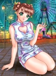 Rule 34 | breasts, brown hair, china dress, chinese clothes, cleavage, clothing cutout, double bun, dress, green eyes, heart, heart cutout, high heels, highres, large breasts, lipstick, makeup, mon mon, shoes, solo, thighs