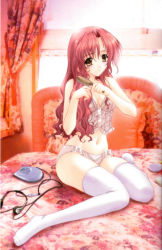 Rule 34 | 00s, 1girl, absurdres, bed, bedroom, bow, bow panties, breasts, brown eyes, brushing hair, brushing own hair, bustier, cd player, character request, cleavage, comb, discman, hair brush, headphones, highres, holding, holding own hair, indoors, kimizuka aoi, lingerie, long hair, medium breasts, midriff, navel, no shoes, on bed, orange eyes, original, panties, pillow, pink hair, red hair, scan, shimbashi mina, sitting, smile, solo, suki da yo!, thighhighs, underwear, wariza, wavy hair, white panties, white thighhighs, yellow eyes