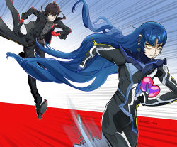 Rule 34 | 2boys, amamiya ren, androgynous, armor, atlus, black hair, bodysuit, company connection, crossover, eyelashes, gloves, goro orb, heart, highres, jacket, long hair, looking at viewer, male focus, multiple boys, pants, persona, persona 5, protagonist (smtv), purple hair, red gloves, shin megami tensei, shin megami tensei v, short hair, simple background, smile, theft, very long hair, yellow eyes