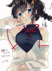 Rule 34 | 1girl, 2019, adapted costume, arm up, bare shoulders, black hair, blue eyes, blush, braid, breasts, closed mouth, commentary request, dated, fingernails, hair between eyes, hair flaps, hair ornament, hand on own stomach, hatu xxgoukan, kantai collection, long sleeves, neck ribbon, official alternate costume, one-hour drawing challenge, out of frame, red ribbon, ribbon, shigure (kancolle), shigure kai ni (kancolle), shirt, signature, simple background, single braid, sleeveless, solo, translated, turtleneck, upper body, white background, white shirt
