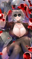 1girl absurdres alcohol black-framed_eyewear black_choker black_thighhighs breasts choker cleavage collared_shirt crossed_legs cup gloves grey_hair highres holding holding_cup lace-trimmed_choker lace_trim large_breasts looking_at_viewer pouring power_symbol-shaped_pupils red_shirt shirt short_hair sleeplessrhythm smile solo symbol-shaped_pupils thighhighs virtual_youtuber vshojo white_gloves wine yellow_eyes zentreya zentreya_(cyborg) zentreya_(cyborg)_(4th_costume)