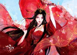 Rule 34 | 1girl, absurdres, black hair, blue eyes, blue sky, chinese clothes, doupo cangqiong, dress, falling petals, hair ornament, highres, holding veil, jewelry, lin dong teng, long hair, long sleeves, looking at viewer, necklace, parted lips, petals, red dress, sash, sky, solo, teeth, tiara, upper body, yun yun (doupo cangqiong)