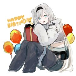 Rule 34 | 1girl, animal ears, arknights, aurora (arknights), balloon, bear ears, bear girl, black gloves, black hairband, black pants, blue eyes, blush, commentary request, cropped jacket, cropped legs, gift, gloves, hairband, happy birthday, highres, holding, holding gift, jacket, k-yosinori, long hair, long sleeves, looking at viewer, midriff, open mouth, pants, pouch, simple background, sketch, smile, solo, white background, white hair, white jacket