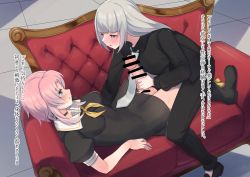 Rule 34 | 2girls, bar censor, black choker, black dress, black footwear, black pants, black shirt, black suit, blue eyes, blunt bangs, blush, boots, breasts, censored, choker, collared shirt, couch, dress, eichan (eichanidfi), erection, eye contact, formal, futa with female, futanari, grey eyes, grey hair, grey necktie, half-closed eyes, handjob, highres, large penis, leaning forward, long hair, long sleeves, looking at another, lying, medium breasts, multiple girls, neckerchief, necktie, nose blush, on back, on one knee, open mouth, original, pants, parted bangs, penis, pink hair, puffy short sleeves, puffy sleeves, sailor collar, shirt, short dress, short hair, short hair with long locks, short sleeves, suit, sweat, testicles, very long hair, white sailor collar, yellow neckerchief
