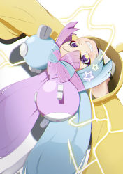 Rule 34 | 1girl, absurdres, bare shoulders, black jacket, blue hair, bow-shaped hair, breasts, character hair ornament, cheribon, creatures (company), electricity, game freak, gen 1 pokemon, grey shirt, hair ornament, head back, hexagon print, highres, iono (pokemon), jacket, light blue hair, long sleeves, looking at viewer, magnemite, multicolored clothes, multicolored hair, multicolored jacket, nintendo, oversized clothes, pink hair, pokemon, pokemon sv, purple eyes, sharp teeth, shirt, simple background, sleeveless, sleeveless shirt, sleeves past fingers, sleeves past wrists, solo, split-color hair, star (symbol), star in eye, symbol in eye, teeth, two-tone hair, two-tone jacket, very long sleeves, white background, yellow jacket