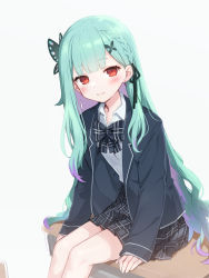 Rule 34 | 1girl, black ribbon, blush, bow, bowtie, braid, butterfly hair ornament, closed mouth, commentary request, desk, earrings, fpanda, green hair, grey bow, grey bowtie, grey jacket, grey skirt, hair behind ear, hair ornament, hair ribbon, heart, heart earrings, highres, hololive, jacket, jewelry, long hair, long sleeves, looking at viewer, multicolored hair, on desk, open clothes, open jacket, plaid, plaid bow, plaid bowtie, plaid skirt, purple hair, red eyes, ribbon, simple background, sitting, on desk, skirt, sleeves past wrists, smile, solo, streaked hair, uruha rushia, uruha rushia (school uniform), very long hair, virtual youtuber, white background