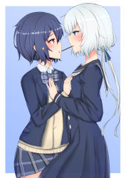 Rule 34 | 10s, 2girls, blazer, blue background, blue eyes, blue hair, blue sailor collar, blue serafuku, blush, bow, commentary request, contrapposto, cowboy shot, eye contact, food, food in mouth, from side, hair ornament, hand on another&#039;s chest, highres, jacket, konno junko, looking at another, milksauce, mizuno ai, mouth hold, multiple girls, open clothes, open jacket, open mouth, plaid, plaid bow, plaid neckwear, plaid skirt, pocky, pocky kiss, red eyes, sailor collar, school uniform, serafuku, shared food, short hair, short hair with long locks, silver hair, simple background, skirt, sweater vest, wing collar, yuri, zombie land saga