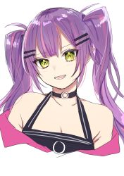 Rule 34 | black choker, breasts, choker, cleavage, collarbone, cropped torso, green eyes, hair behind ear, hair ornament, hairclip, head tilt, highres, hololive, long hair, looking at viewer, multicolored hair, o-ring, o-ring choker, off shoulder, pink hair, pointy ears, portrait, purple hair, shirasu uni, solo, streaked hair, tokoyami towa, twintails, virtual youtuber, white background