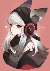 Rule 34 | 1girl, andou yuna, animal ears, arknights, artist name, beanie, black hat, closed mouth, commentary, ears through headwear, fox ears, frostleaf (arknights), grey hair, grey shirt, hat, headphones, heart, highres, implied extra ears, long hair, red background, red eyes, shirt, signature, simple background, solo, upper body