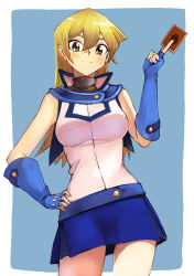 Rule 34 | 1girl, blonde hair, blue background, blue gloves, blue skirt, blush, breasts, brown eyes, card, closed mouth, contrapposto, cowboy shot, dress shirt, duel academy uniform (yu-gi-oh! gx), elbow gloves, fingerless gloves, gloves, hair between eyes, hand on own hip, highres, holding, holding card, long hair, looking at viewer, medium breasts, miniskirt, rourou ill, shirt, skirt, sleeveless, sleeveless shirt, smile, solo, standing, straight hair, tenjouin asuka, two-tone background, very long hair, white background, white shirt, yu-gi-oh!, yu-gi-oh! gx