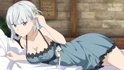 Rule 34 | 1girl, bed sheet, blue dress, breasts, character request, cleavage, collarbone, cowboy shot, dress, frilled dress, frills, game cg, grey eyes, hair ornament, hand in own hair, highres, indoors, large breasts, looking at viewer, lying, official art, on side, ribbon, short hair, silver hair, sleeveless, sleeveless dress, smile, solo, sword art online, white ribbon