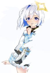 Rule 34 | 1girl, amane kanata, blue hair, blue neckwear, blurry, bob cut, cowboy shot, depth of field, dress, eyebrows hidden by hair, finger to mouth, hair between eyes, hair ornament, halo, highres, hololive, light blush, long sleeves, looking at viewer, multicolored hair, parted lips, plaid, purple eyes, short hair, silver hair, simple background, single hair intake, smile, solo, standing, star halo, terebi (shimizu1996), third-party source, two-tone hair, virtual youtuber, white background, white dress