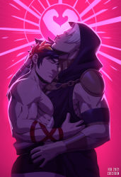Rule 34 | 2boys, absurdres, ancient greek clothes, artist name, black hair, black nails, closed eyes, crestren, dated, greco-roman clothes, hades (series), hades 1, hand on another&#039;s head, heart, highres, hood, hug, laurel crown, male focus, multiple boys, nail polish, pink background, silver hair, smile, thanatos (hades), valentine, yaoi, zagreus (hades)