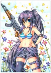 Rule 34 | 1girl, :o, ak-47, artist name, assault rifle, bare shoulders, bikini, bikini top only, black choker, black hair, black thighhighs, blue eyes, blush, breasts, choker, cleavage, cloud, commentary, emperpep, english commentary, fingernails, flower, gun, hair between eyes, hand on own hip, heterochromia, highres, holding, holding gun, holding weapon, kalashnikov rifle, long hair, looking at viewer, medium breasts, nail polish, navel, original, outdoors, overall shorts, overalls, overalls pull, painting (medium), parted lips, pink flower, ponytail, purple flower, rifle, single thighhigh, sky, solo, star (symbol), striped bikini, striped bikini top, striped clothes, swimsuit, thigh strap, thighhighs, traditional media, very long hair, watercolor (medium), weapon, white nails, yellow eyes, yellow flower