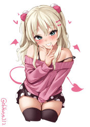 Rule 34 | 1girl, between legs, black skirt, black thighhighs, blonde hair, blue eyes, blush, bow, collarbone, commentary request, cropped legs, drawn tail, drawn wings, ebifurya, grecale (kancolle), grin, hair between eyes, hair bow, hand between legs, hand up, head tilt, heart, highres, kantai collection, long hair, looking at viewer, nail polish, off-shoulder sweater, off shoulder, official alternate costume, one-hour drawing challenge, pink bow, pink nails, pink sweater, pleated skirt, polka dot, polka dot skirt, simple background, skirt, smile, solo, strap slip, sweater, thighhighs, twitter username, two side up, v over mouth, white background