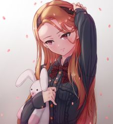 Rule 34 | 1girl, black hairband, black shirt, blush, bow, bowtie, brown hair, collared shirt, dress shirt, grey background, hairband, hand in own hair, idolmaster, idolmaster (classic), loeldrive, long hair, minase iori, parted lips, red bow, red bowtie, red eyes, shirt, sleeves past wrists, solo, stuffed animal, stuffed toy, upper body, very long hair, wing collar