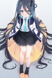Rule 34 | 1girl, absurdres, aris (blue archive), black hair, black skirt, black socks, blue archive, blue eyes, blue jacket, blue necktie, blush, cat slippers, commentary, dot nose, grey background, hair between eyes, halo, highres, jacket, kayuma, legs, long hair, long hair between eyes, long sleeves, looking at viewer, multicolored clothes, multicolored jacket, necktie, orange footwear, pleated skirt, shirt, sidelocks, sitting, skirt, smile, socks, solo, two-tone jacket, very long hair, white jacket, white shirt