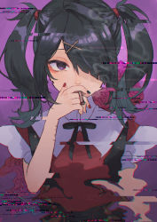 Rule 34 | 1girl, absurdres, ame-chan (needy girl overdose), black hair, black nails, cigarette, flower, glitch, hair between eyes, hair ornament, hair over one eye, highres, holding, joint (drug), long hair, looking at viewer, makeup, nail polish, needy girl overdose, purple eyes, red flower, red nails, red rose, rose, self-harm, short sleeves, simple background, smoking, solo, twintails, upper body, x hair ornament, yamabuki (yamabuki xxxxx)