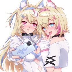 Rule 34 | 2girls, animal ears, black collar, blonde hair, blue eyes, blue hair, blue nails, breasts, cellphone, cleavage, collar, commentary, dog ears, dog girl, fingernails, fuwawa abyssgard, hair ornament, hairclip, highres, holding, holding phone, hololive, hololive english, long hair, medium breasts, mococo abyssgard, multicolored hair, multiple girls, nail polish, open mouth, p-nekoe, phone, pink hair, red eyes, short hair, siblings, simple background, sisters, two-tone hair, upper body, virtual youtuber, white background, x hair ornament