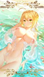 Rule 34 | 1girl, ahoge, arm at side, bare shoulders, beach, blonde hair, blush, bottomless, bracelet, breasts, cangkong, closed mouth, collarbone, cowboy shot, fate/grand order, fate (series), flower, from above, green eyes, groin, hair ribbon, hand on own stomach, highres, jewelry, large breasts, long hair, long sleeves, looking at viewer, lying, nero claudius (fate), nero claudius (fate) (all), nero claudius (swimsuit caster) (fate), nero claudius (swimsuit caster) (third ascension) (fate), nipples, ocean, on back, outdoors, pearl bracelet, petals, petals on liquid, puffy long sleeves, puffy sleeves, pussy, ribbon, rose, see-through, shiny skin, shore, smile, solo, star (symbol), thigh gap, uncensored, water, water drop, watermark, web address, wet, wet clothes, white flower, white ribbon, white rose