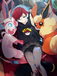Rule 34 | 1girl, arms up, backpack, bag, black sclera, black shorts, black sweater, blonde hair, blue eyes, blue hair, blue sclera, blurry, bow, colored sclera, creatures (company), depth of field, eevee, fang, female focus, flareon, flat chest, from above, game freak, gen 1 pokemon, gen 2 pokemon, gen 4 pokemon, gen 6 pokemon, glasses, grey eyes, grey pantyhose, half-closed eyes, happy, highres, hood, hood down, hooded sweater, idkuroi, indoors, knees together feet apart, leafeon, legs, long sleeves, looking at viewer, lying, miniskirt, multicolored hair, neck fur, nintendo, on back, on bed, open mouth, pantyhose, penny (pokemon), pink bow, pleated skirt, poke ball symbol, pokemon, pokemon (creature), pokemon sv, print pantyhose, red hair, round eyewear, see-through, see-through skirt, short hair, short shorts, shorts, sidelocks, sideways mouth, skirt, smile, sweater, sylveon, thighs, two-tone hair, umbreon, vaporeon, white eyes