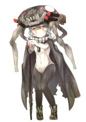 10s 1girl abyssal_ship blush bodysuit boots cane cape glowing glowing_eyes hat kantai_collection long_hair niizuka_(c-drop) pale_skin short_hair silver_hair solo wo-class_aircraft_carrier yellow_eyes aged_down