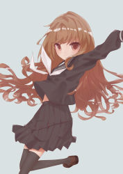 Rule 34 | 1girl, absurdres, aisaka taiga, black serafuku, black shirt, black skirt, black thighhighs, blue background, brown eyes, brown footwear, brown hair, c (artist), closed mouth, commentary, foot out of frame, full body, highres, jumping, long hair, long sleeves, looking at viewer, neckerchief, outstretched arm, pleated skirt, sailor collar, school uniform, serafuku, shirt, shoes, simple background, skirt, smile, solo, thighhighs, toradora!, white neckerchief