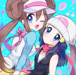 Rule 34 | 2girls, back bow, bare shoulders, beanie, black legwear, black shirt, blue background, blue eyes, blue hair, blush, bow, breasts, candy, creatures (company), dawn (pokemon), doughnut, female focus, food, from behind, game freak, hair ornament, hairclip, hat, highres, lollipop, long hair, long sleeves, looking at viewer, looking back, medium breasts, miniskirt, multiple girls, nago celica, nintendo, one eye closed, pantyhose, pink scarf, pink skirt, poke ball symbol, poke ball theme, pokemon, pokemon bw2, pokemon dppt, raglan sleeves, rainbow, rosa (pokemon), scarf, shirt, short shorts, shorts, skirt, sleeveless, sleeveless shirt, small breasts, star (symbol), upper body, white headwear, white shirt, wink, yellow shorts