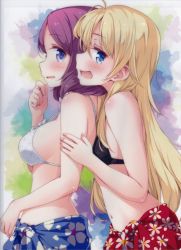 Rule 34 | 10s, 2girls, bare shoulders, bikini, blonde hair, blue eyes, blush, breasts, fang, long hair, looking at viewer, multiple girls, navel, new game!, open mouth, purple hair, small breasts, smile, swimsuit, tooyama rin, yagami kou, yuri