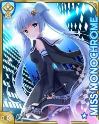 Rule 34 | 1girl, :o, black dress, black footwear, blue eyes, blunt bangs, card, character name, checkered clothes, checkered legwear, city, closed mouth, dress, girlfriend (kari), magical girl, miss monochrome, miss monochrome (character), night, official art, outdoors, qp:flapper, skirt, solo, standing, tagme, thighhighs, twintails, wand, white hair