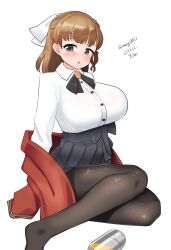 Rule 34 | 1girl, absurdres, asahi (kancolle), beer can, black hakama, braid, breasts, brown hair, can, coat, coat partially removed, collared shirt, dated, dress shirt, drink can, grey eyes, hakama, highres, japanese clothes, kantai collection, large breasts, long sleeves, maru (marg0613), mole, mole under mouth, one-hour drawing challenge, red coat, ribbon, shirt, short hair, simple background, single braid, solo, torn clothes, torn hakama, twitter username, undressing, white background, white ribbon, white shirt