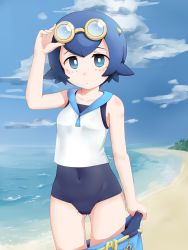 Rule 34 | 1girl, absurdres, bad id, bad pixiv id, baggy pants, beach, blue pants, blue sailor collar, blue sky, bright pupils, capri pants, cloud, creatures (company), day, game freak, greentree, highres, lana (pokemon), nintendo, ocean, one-piece swimsuit, palm tree, pants, pokemon, pokemon sm, sailor collar, sand, sky, solo, swimsuit, swimsuit under clothes, tree, trial captain, water, yellow-framed eyewear